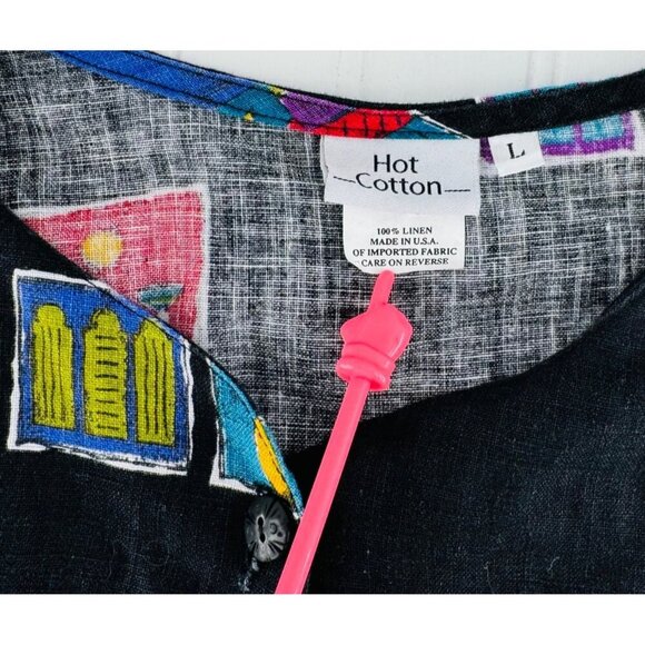 Hot Cotton Womens Linen Jacket Size L Colorful Abstract button down blouse - Picture 4 of 6